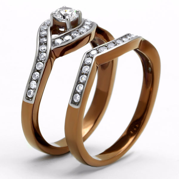 4x4mm Clear CZ Center Two-Tone Light Coffee IP Stainless Steel Wedding Ring Set - LA NY Jewelry