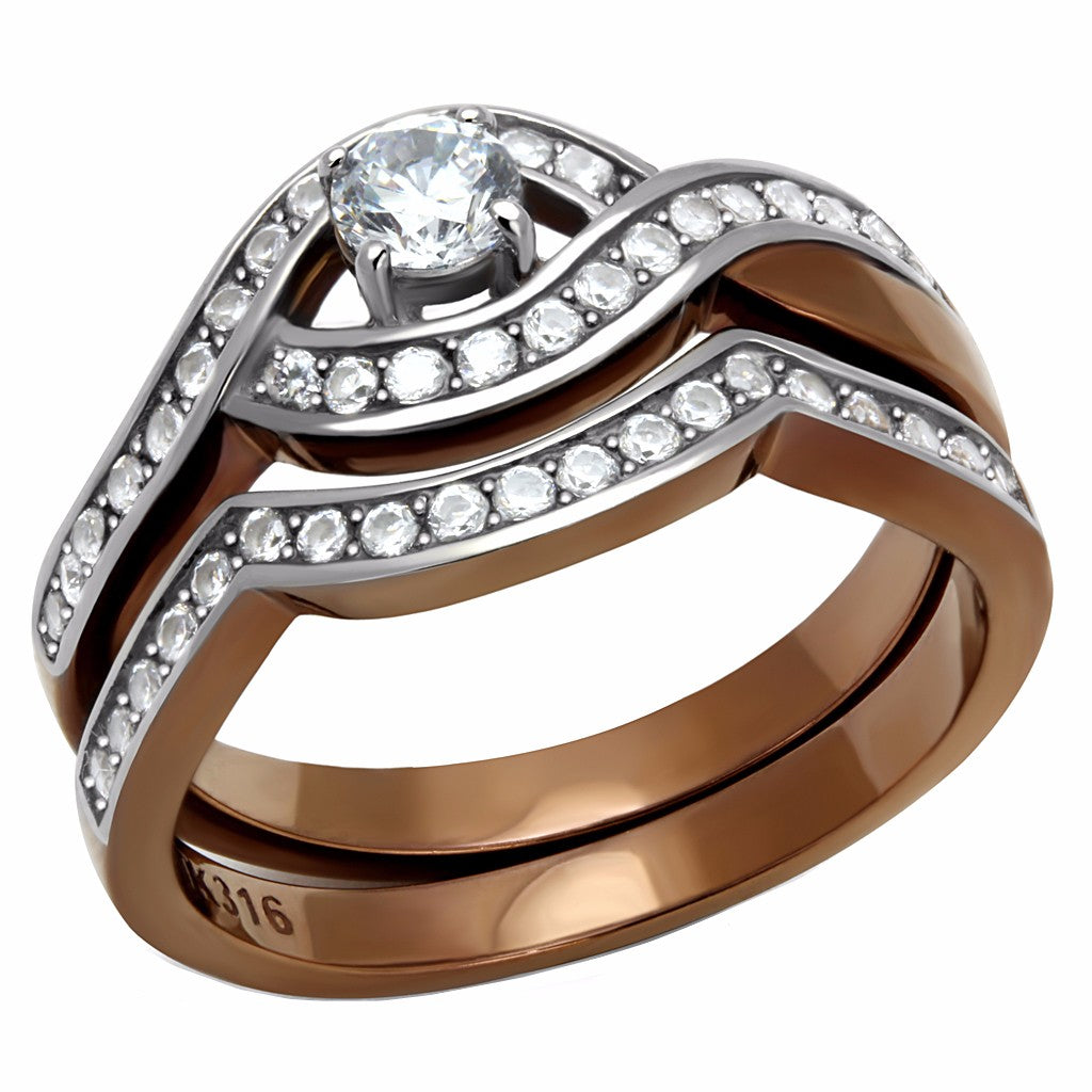 4x4mm Clear CZ Center Two-Tone Light Coffee IP Stainless Steel Wedding Ring Set - LA NY Jewelry