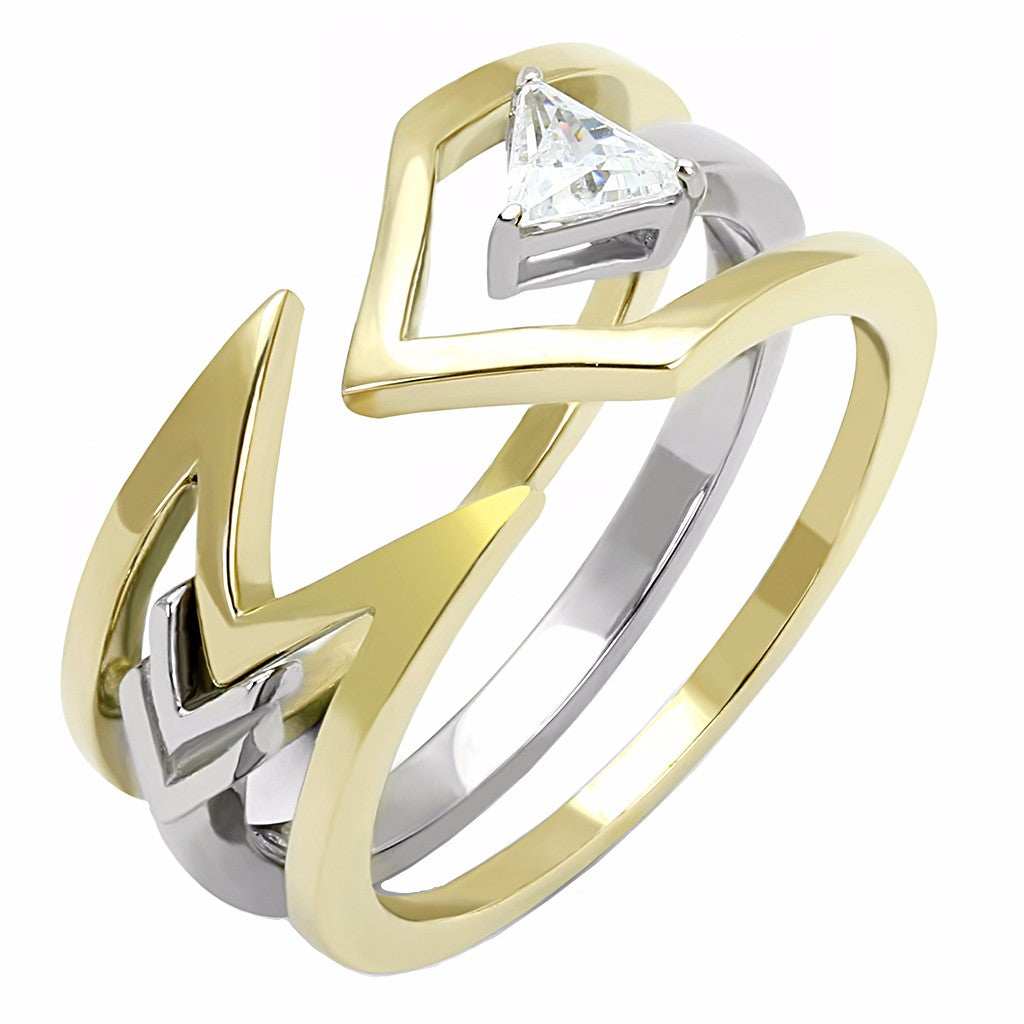 4x4mm Triangle Cut Solitaire CZ Two-Tone Gold IP Stainless Steel 2 Rings Set - LA NY Jewelry