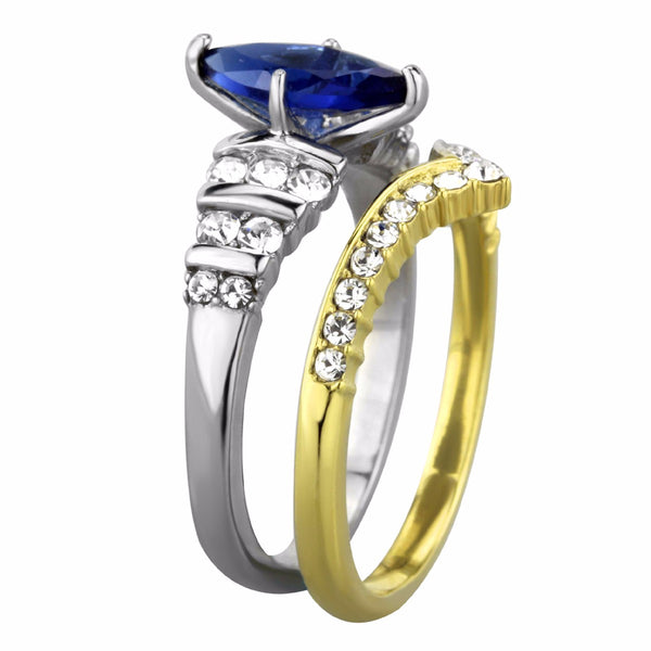 Womens Marquise Cut Sapphire CZ Two Tone Gold Stainless Steel Wedding Ring Set - LA NY Jewelry