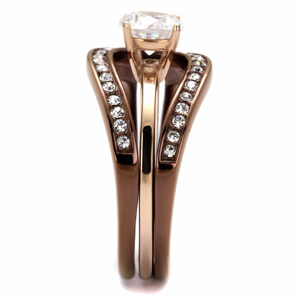 6.5x6.5mm Round CZ Two Tone Rose Gold and Light Coffee IP Stainless Steel Ring Set - LA NY Jewelry