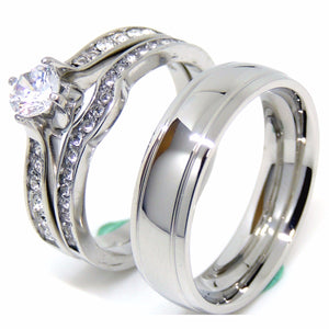 Couple Rings Set Womens 5x5mm Brilliant CZ Wedding Ring Mens Engagement Band - LA NY Jewelry