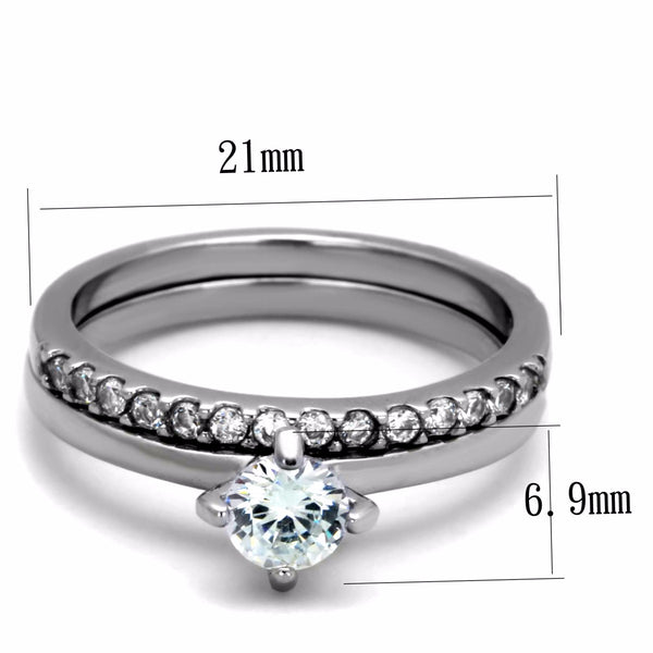 Womens 5x5mm Round CZ center solid Stainless Steel Wedding 2 Ring Set - LA NY Jewelry
