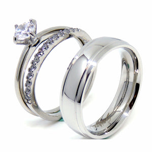 Couple Rings Set Womens 5x5mm CZ Solitaire with Matching Band Mens Engagement Band - LA NY Jewelry