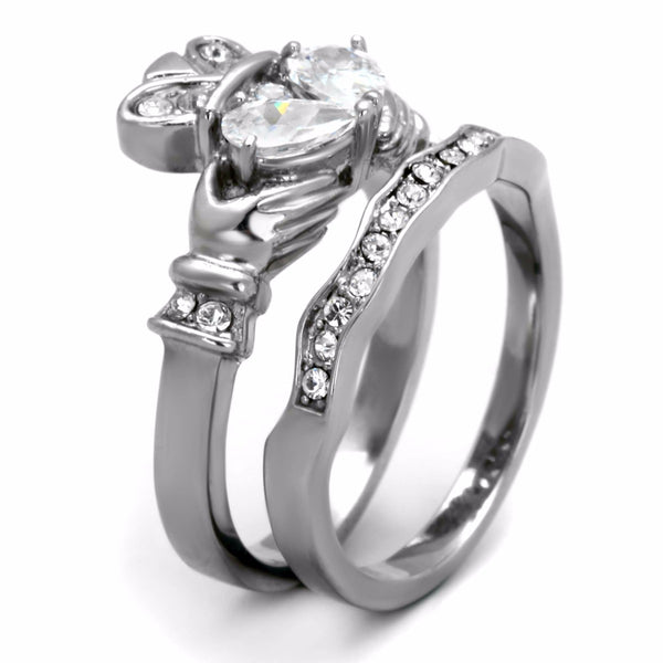 Womens Two of 6x4mm Pear Cut CZs Center Stainless Steel Claddagh Ring Set - LA NY Jewelry