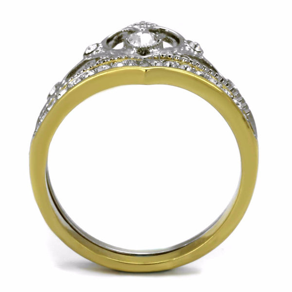 Womens 3.5x3.5mm Round CZ Two-Tone Gold IP Stainless Steel Crown 2 Rin ...