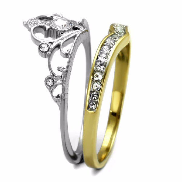 Womens 3.5x3.5mm Round CZ Two-Tone Gold IP Stainless Steel Crown 2 Ring Set - LA NY Jewelry