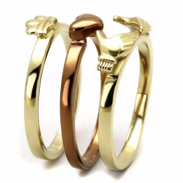 Womens Two-Tone IP Gold & IP Light Brown Stainless Steel Claddagh 3 Rings Set - LA NY Jewelry