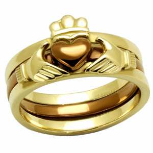 Womens Two-Tone IP Gold & IP Light Brown Stainless Steel Claddagh 3 Rings Set - LA NY Jewelry