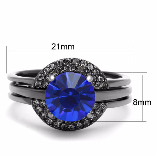 Womens 8x8mm Round Cut Sapphire CZ Light Black IP Stainless Steel Wedding 3 Ring Set - LA NY Jewelry