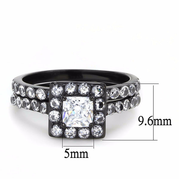 5x5mm Princess Cut CZ Center with 2.5mm Round CZ Side Black IP Stainless Steel Ring Set - LA NY Jewelry