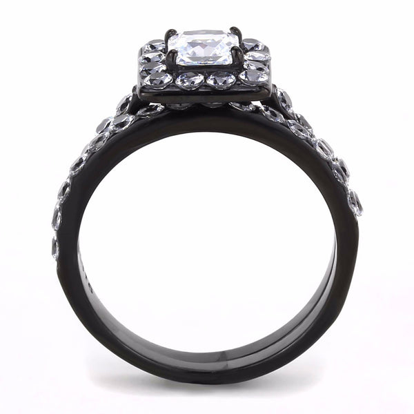 5x5mm Princess Cut CZ Center with 2.5mm Round CZ Side Black IP Stainless Steel Ring Set - LA NY Jewelry
