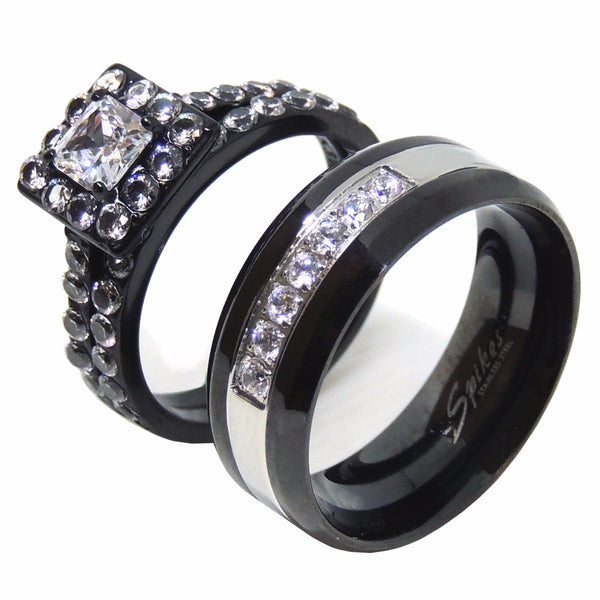 His Hers Ring Set Womens Princess Square CZ Bridal Ring Mens 7 CZs Wedding Band - LA NY Jewelry