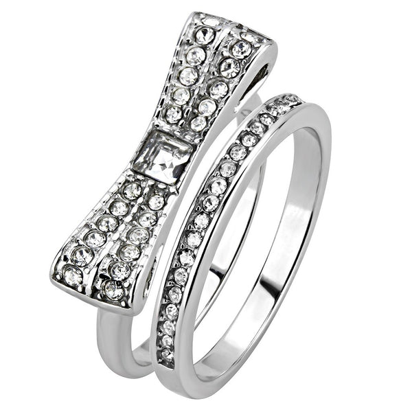 Womens 3x3mm Square CZ Center Bow Tie Style Stainless Steel Wedding 2 Rings Set - LA NY Jewelry