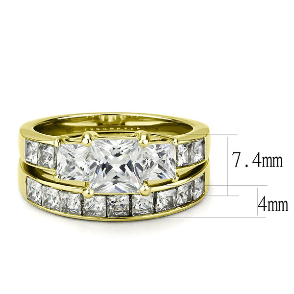 Couples Ring Set Womens 14K Gold Plated 3 Stone Engagement Ring Mens Gold Flat Wedding Band