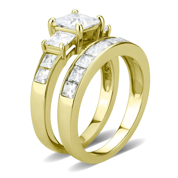 Couples Ring Set Womens 14K Gold Plated 3 Stone Engagement Ring Mens Gold Flat Wedding Band