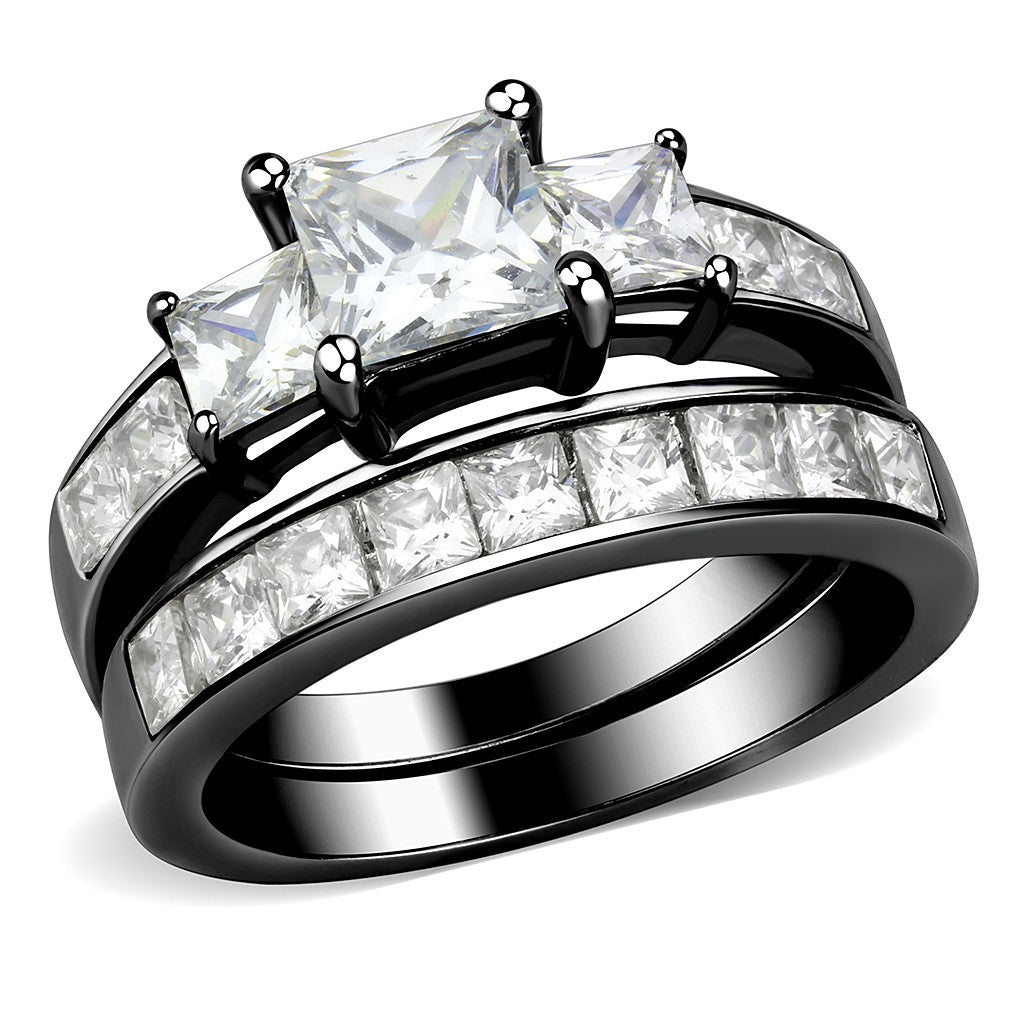 3 Stone Type 6mm Princess CZ Black IP Stainless Steel