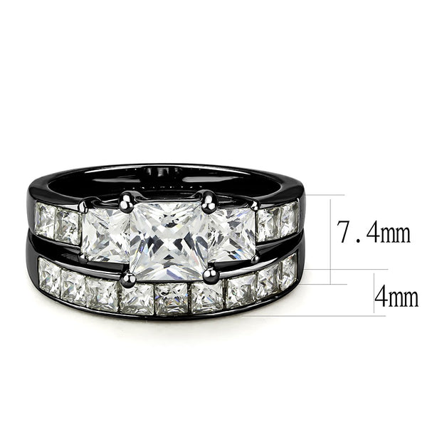 Couples Rings Black Set Womens 3 Stone Type Princess CZ Engagement Ring Mens Flat Wedding Band