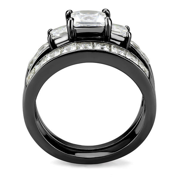 Couples Rings Black Set Womens 3 Stone Type Princess CZ Engagement Ring Mens Bezel Set CZ  Wedding Band