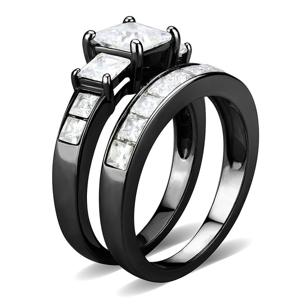 Couples Rings Black Set Womens 3 Stone Type Princess CZ Engagement Ring Mens Bezel Set CZ  Wedding Band