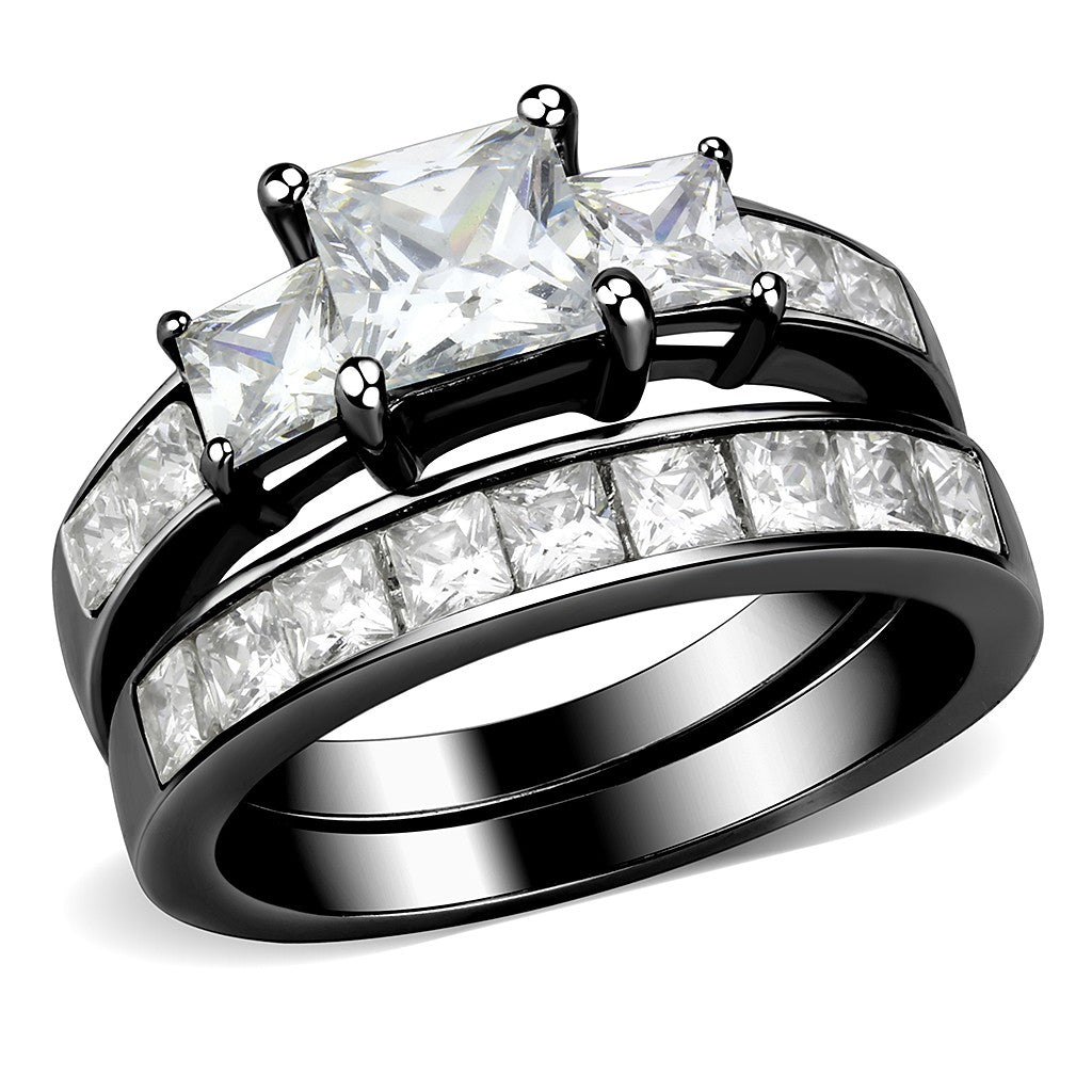 Couples Rings Black Set Womens 3 Stone Type Princess CZ Engagement Ring Mens Flat Wedding Band 6 / 12