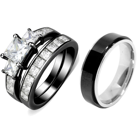 Couples Rings Black Set Womens 3 Stone Type Princess CZ Engagement Ring Mens Two Tone Spinning Band