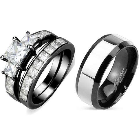 Couples Rings Black Set Womens 3 Stone Type Princess CZ Engagement Ring Mens Two Tone Band