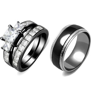 Couple Rings Black Set Womens 3 Stone Princess CZ Stainless Steel 2 Rings Mens Matching Band