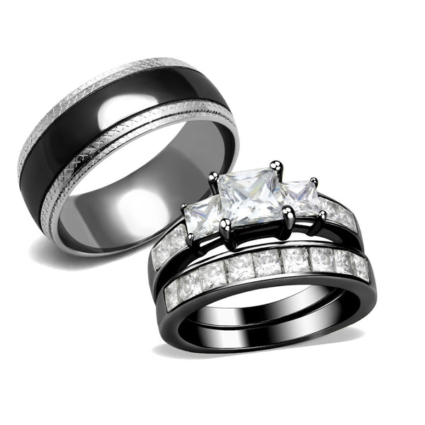 Couple Rings Black Set Womens 3 Stone Princess CZ Stainless Steel 2 Rings Mens Matching Band