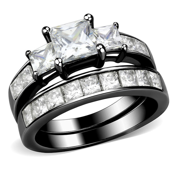 3 Stone Type 6mm Princess CZ Black IP Stainless Steel Wedding Ring Set