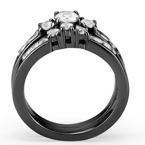 Couples Rings Black Set Womens 3 Stone Small Round CZ Engagement Ring Mens Traditional Wedding Band