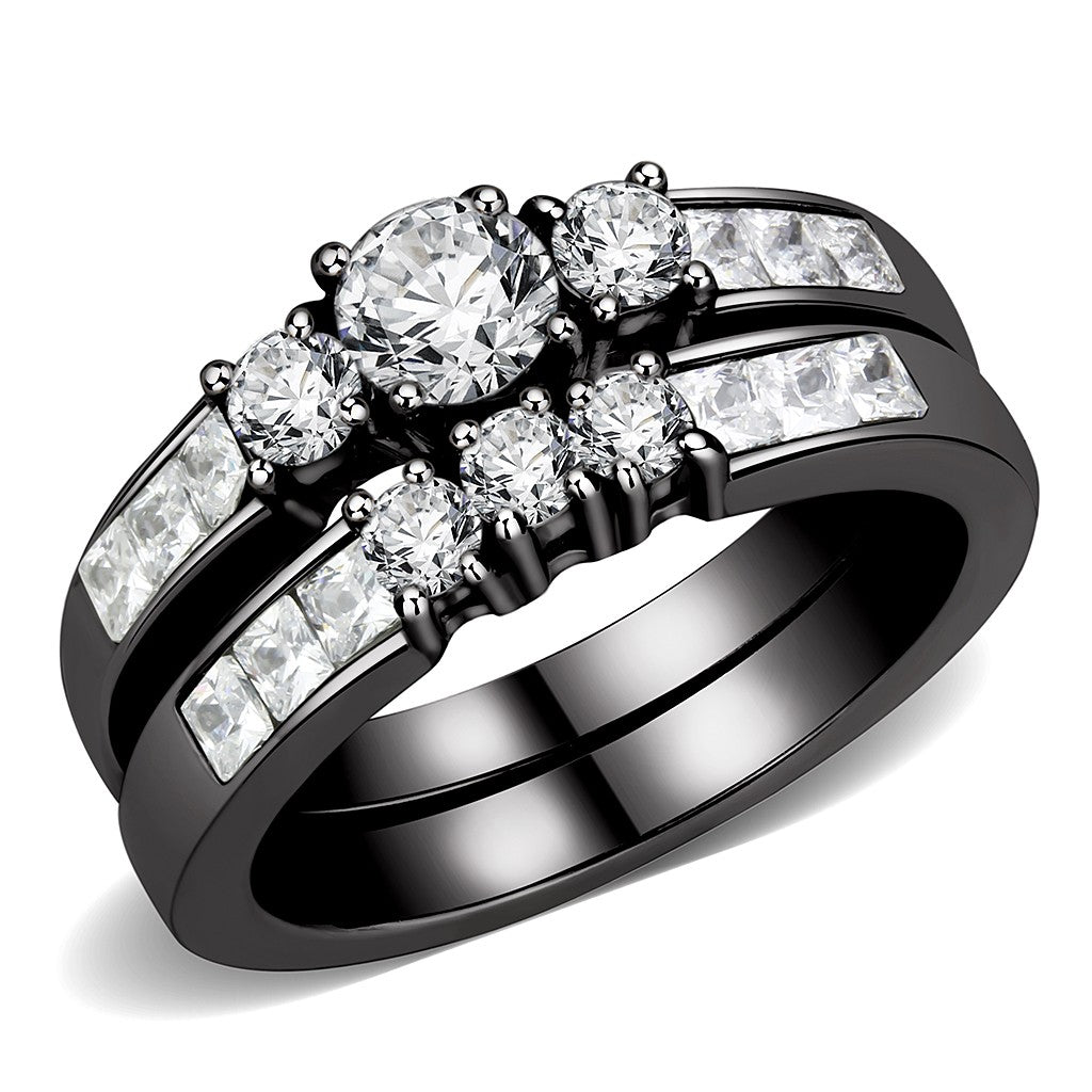 Three-Stone Type Round CZ Black IP Stainless Steel Wedding Ring Set