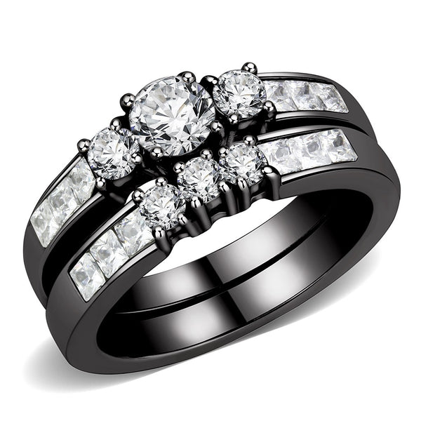 Couples Rings Black Set Womens 3 Stone Small Round CZ Engagement Ring Mens Bezel Set CZ  Wedding Band