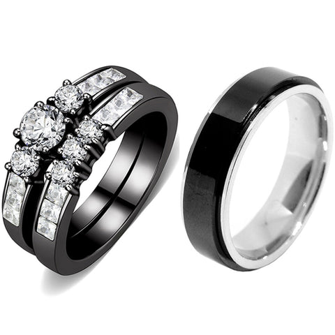 Couples Rings Black Set Womens 3 Stone Small Round CZ Engagement Ring Mens Spinning Band