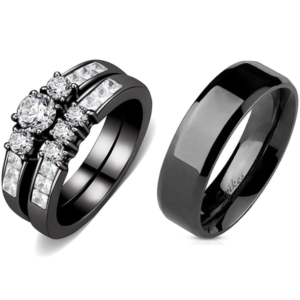 Couples Rings Black Set Womens 3 Stone Small Round CZ Engagement Ring Mens Flat Wedding Band