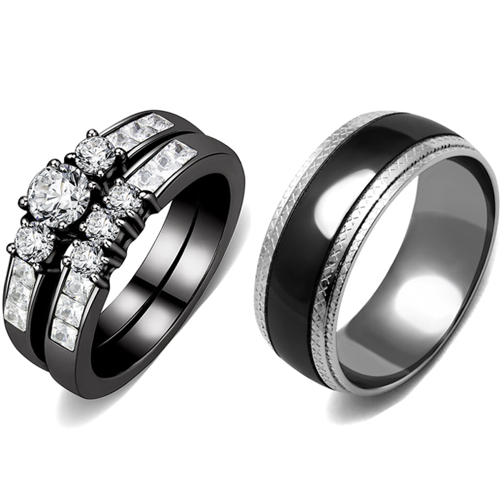 Couple Rings Black Set Womens Stainless Steel Small Round CZ Engagement Ring Set Mens Wedding Band