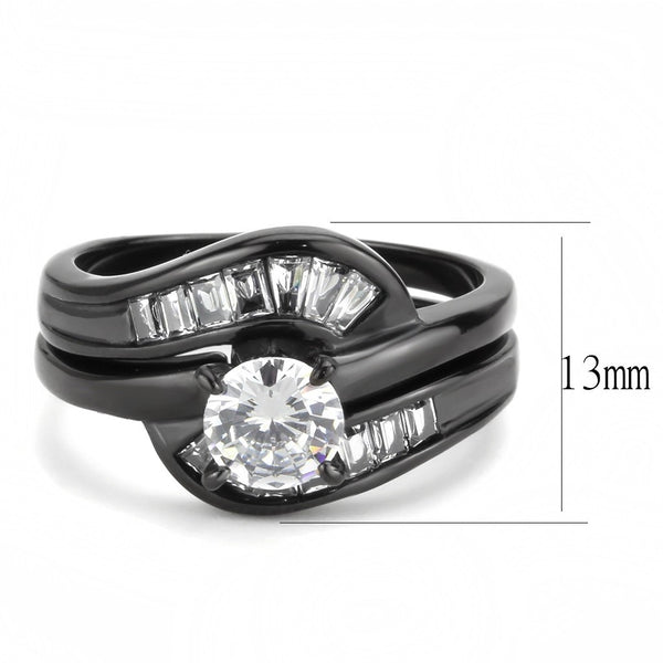 Womens Round and Trapeze Cut CZ Black IP Stainless Steel Wedding Ring Set