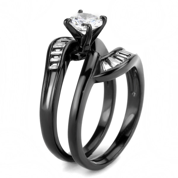 Womens Round and Trapeze Cut CZ Black IP Stainless Steel Wedding Ring Set