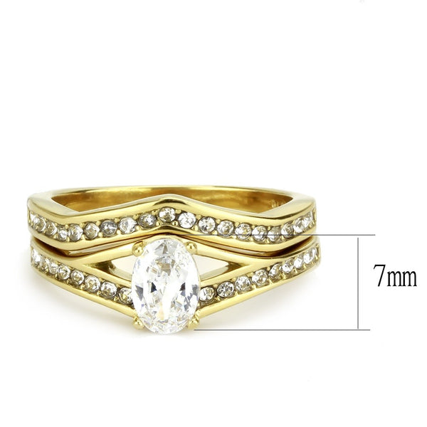 Womens Oval Cut CZ Gold IP 316 Stainless Steel Wedding Ring Set