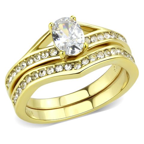 Womens Oval Cut CZ Gold IP 316 Stainless Steel Wedding Ring Set
