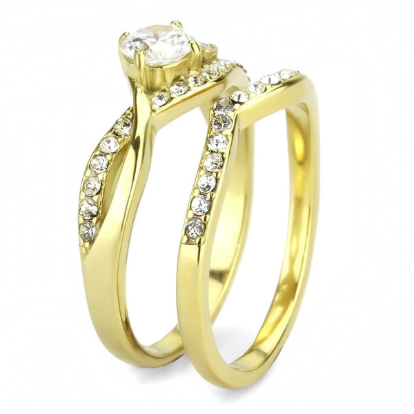 Womens 5mm Round Cut CZ 14K Gold IP 316 Stainless Steel Wedding Ring Set