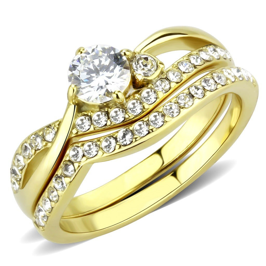 Womens 5mm Round Cut CZ 14K Gold IP 316 Stainless Steel Wedding Ring Set