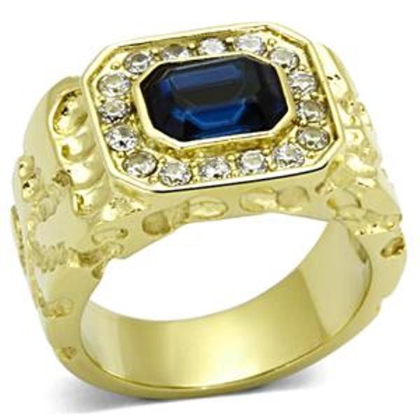 Gold IP Stainless Steel Simulated Sapphire Mens Ring - LA NY Jewelry