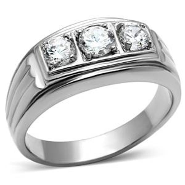 Three CZ Stone Stainless Steel Never Tarnish Mens Wedding Ring - LA NY Jewelry
