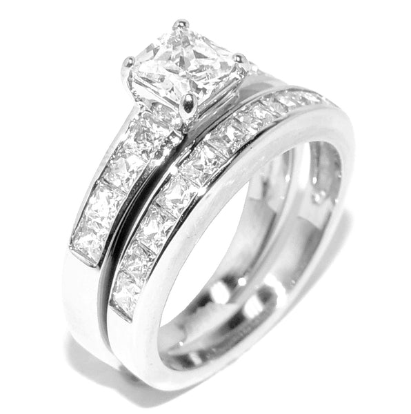 His & Hers 3 Pcs Stainless Steel Princess CZ Ring set / Mens Matching Band - LA NY Jewelry