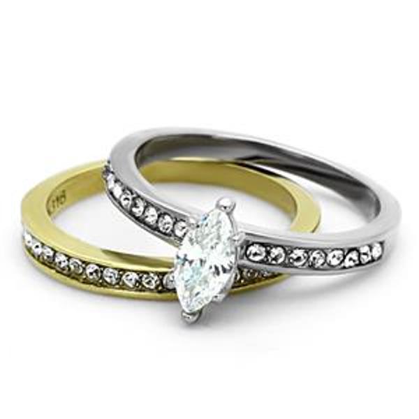 8x4mm Marquise CZ Center 2 Tone Gold IP Stainless Steel Ring Set - LA NY Jewelry
