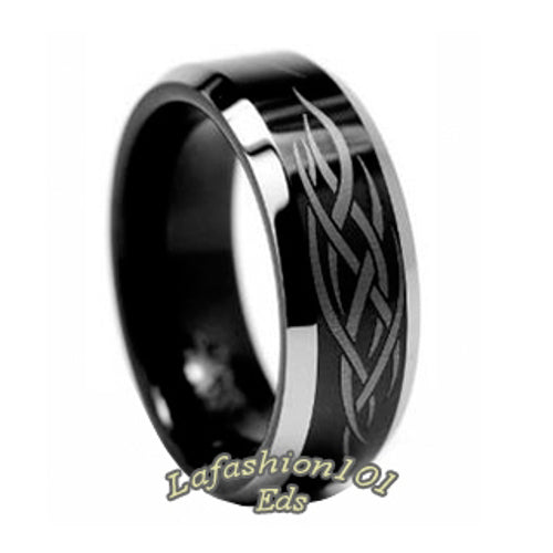 8mm Black Ion Plated Laser Engraved Tungsten Carbide Mens Wedding Band - LA NY Jewelry