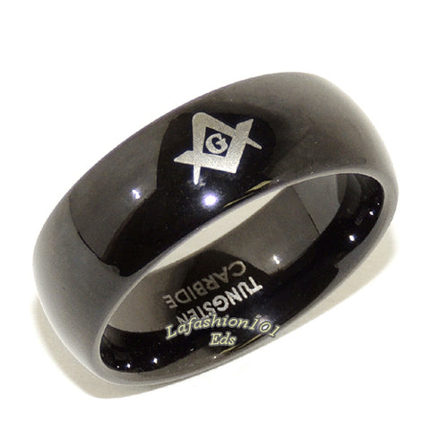 Black Ion Plated Tungsten Carbide Mens Masonic Mason Ring - LA NY Jewelry